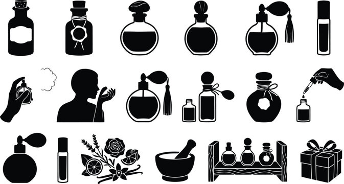 Black and white perfume and apothecary vector icons set