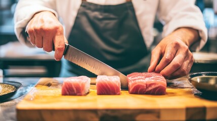 Obraz premium Chef's hands slicing red fish filets on a wooden cutting board with a sharp knife