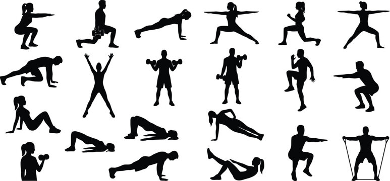 Flat design exercise and workout silhouettes