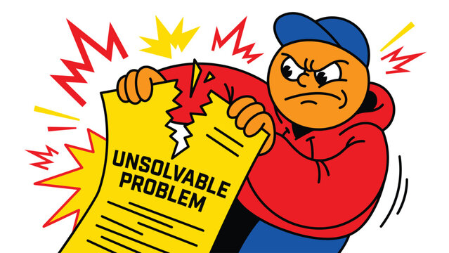 Angry person tearing up a document labeled Unsolvable Problem, symbolizing frustration and difficulty.