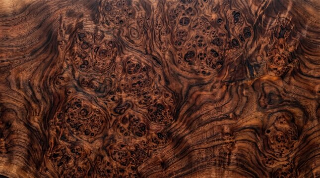A detailed close-up view of a beautifully patterned wooden surface showcasing intricate natural designs and textures in a warm brown environment.
