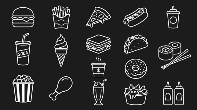 Collection of hand drawn fast food icons on a black background including burger fries pizza hot dog soda ice cream sandwich taco sushi donut coffee popcorn chicken leg milkshake nachos and condiments