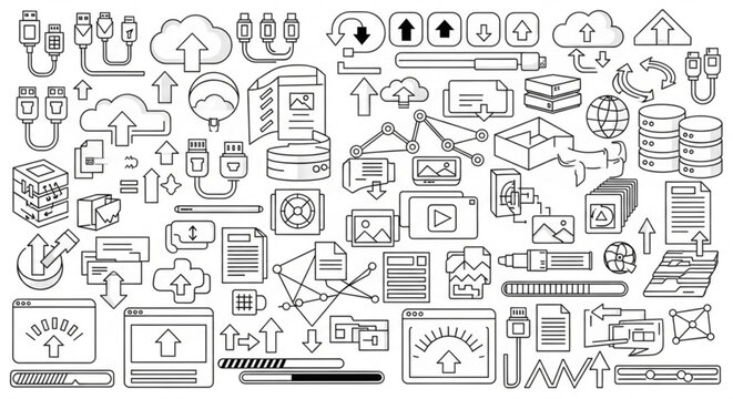 Assorted icons representing technology, architecture, and household appliances in a cohesive icon set.