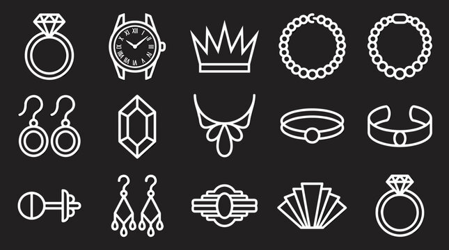 Collection of elegant jewelry icons including rings watches necklaces bracelets earrings and crowns on a black background vector illustration