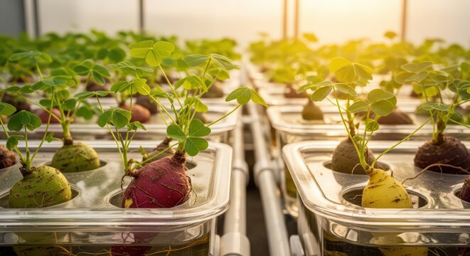 Colorful Hydroponic Oca Plants with Visible Roots Growing in a Greenhouse