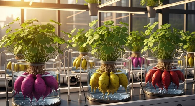 Vibrant Hydroponic Oca Root Vegetables Cultivated in a Modern Greenhouse