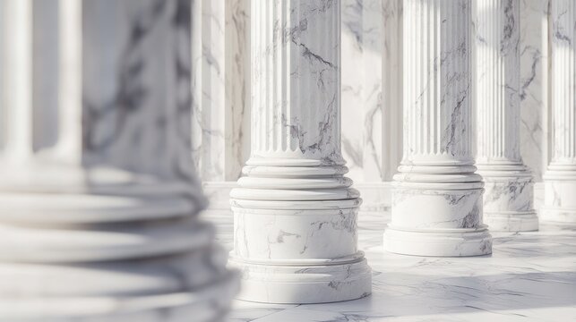Marble pillars in a row, bathed in sunlight. Classical architecture, light, texture, marble