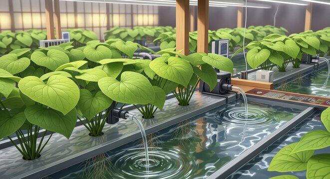 Hydroponic Wasabi Plants Growing in Water Beds within a Modern Indoor Farm