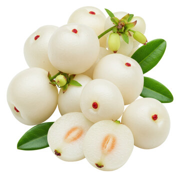 Vibrant white pineberry cluster, some whole, two sliced revealing juicy interior and red seeds, green leaves, on a transparent background with copy space, concept of healthy natural food
