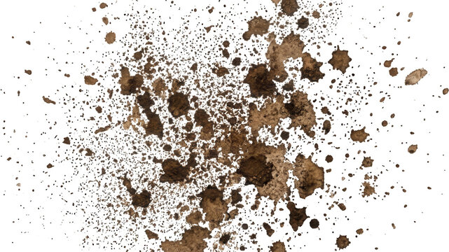 A detailed view of textured brown mud splashes scattered across the surface creating irregular organic shapes and various sized splatters with gritty earthy tones and uneven dense liquid
