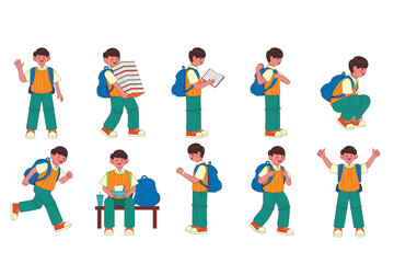 Fototapeta premium Vector illustration set of a cute school boy character in various poses with backpack, checking time, and holding books for back to school education concept.