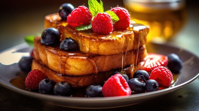 Indulge in the ultimate breakfast experience with this stack of golden French toast topped with a medley of fresh berries and sweet maple syrup.