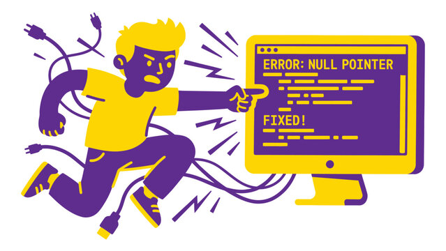 Frustrated programmer pointing at computer screen displaying a null pointer error that has been fixed.