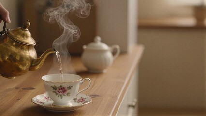 Fototapeta premium Steam rises as golden teapot pours tea into a floral cup on wooden