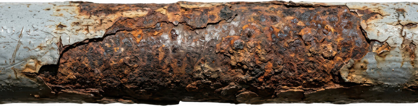 Close up detail view of a horizontal metal pipe showing heavy oxidation with layers of crumbling gray paint peeling off the rough textured surface revealing orange brown corroded steel