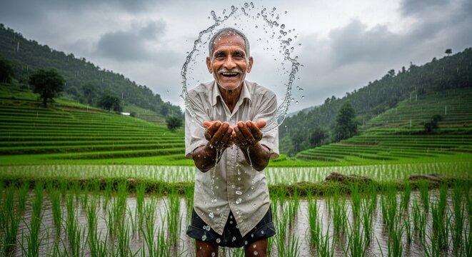 Smiling Indian Farmer Joyfully Splashing Water in Lush Green Rice Fields During Cultivation