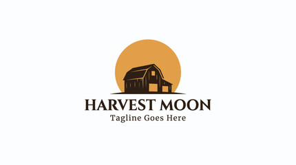 Harvest moon logo with barn silhouette and sunset background. © LenteraCinema