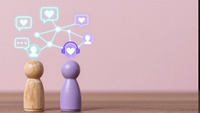Two wooden figures connect via glowing heart icons symbolizing