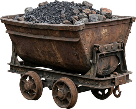 A rustic vintage mining cart made of weathered brown metal filled to the brim with rough chunks of dark black coal sits on heavy iron wheels used for transport in old underground operations