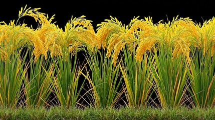 Obraz premium Golden Ripe Rice Paddies Ready for Harvest with Lush Green Stalks Against a Black Background