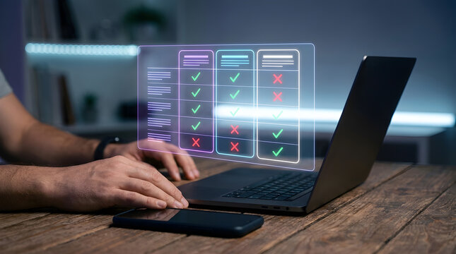 Person using laptop with glowing holographic comparison checklist table for feature plan selection concept in dark office