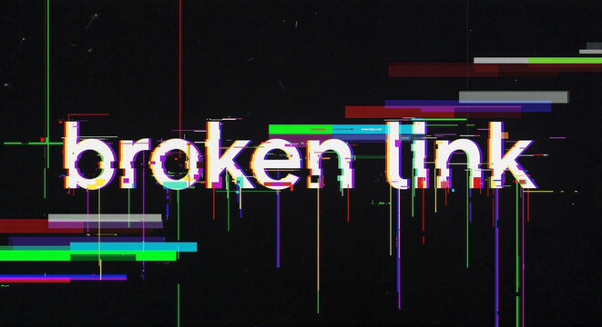Error message screen with broken link text on distorted digital display