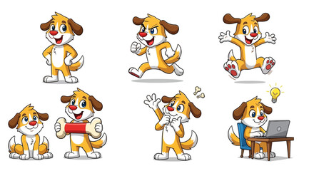Naklejka premium Cute cartoon dog character in multiple poses and actions.