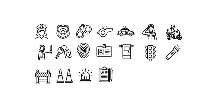 Icon set collection of professional female police officer and law enforcement elements featuring badge, handcuffs, siren, traffic light, patrol car, and whistle vectors.