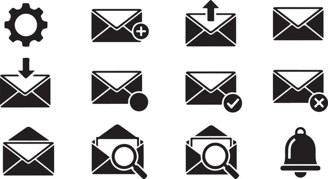 Set of email icons with various symbols and actions on white background