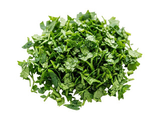 Obraz premium Chopped fresh parsley pile isolated on transparent background, ready for food design, recipe cards, menu clipart, stickers, print on demand, and sublimation projects.