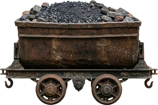 A weathered iron mining cart filled with heavy black coal and dark rocks rests on iron wheels showcasing an industrial relic from historical mining operations used for transport of raw earth