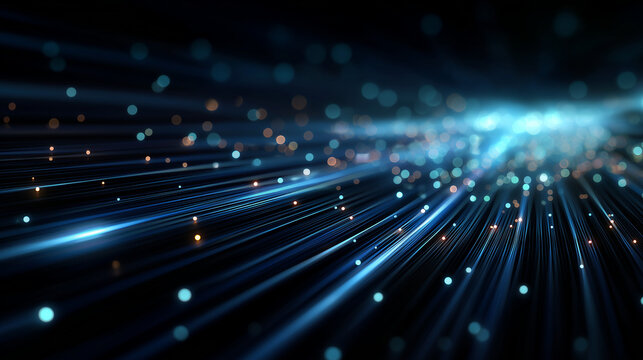 Digital Stream of Light Particles: A captivating abstract visualization of glowing blue light particles and streaks accelerating into the darkness, creating a sense of speed and futuristic technology.