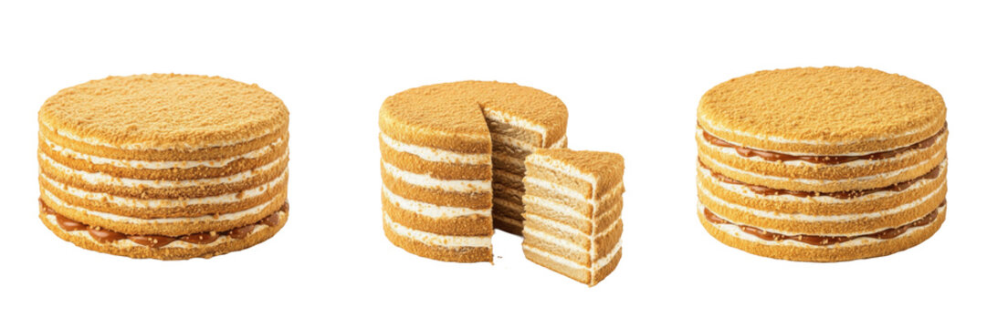 Layered honey sweet cake processing specimen showcasing structural culinary parameters, organic material components, substance density, and moisture level metrics within food science database file
