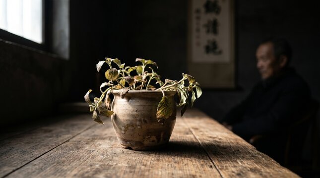 Wilting plant in rustic ceramic pot on wooden desk with dramatic chiaroscuro lighting
