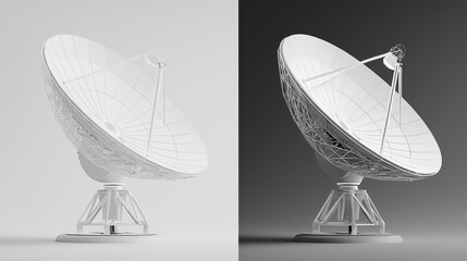 Obraz premium Satellite Dish Dual View: A white satellite dish is shown in two perspectives, one against a bright background and the other against a dark, dramatic backdrop. The clean.