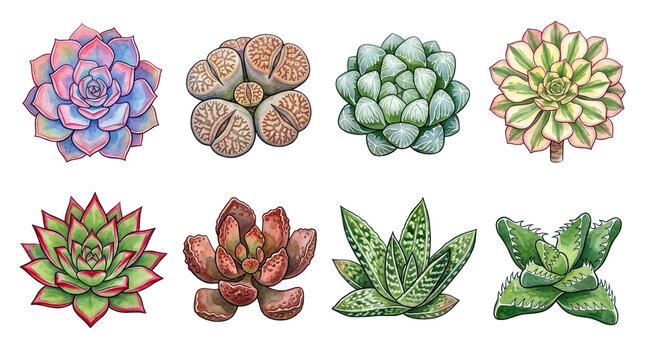 Eight colorful succulent plants viewed from above, isolated on transparent background, ready for stickers, t-shirt design, print on demand, clipart, and sublimation projects.