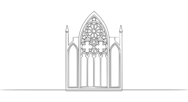 Gothic Rose Window Facade - Ornate Architectural Line Art