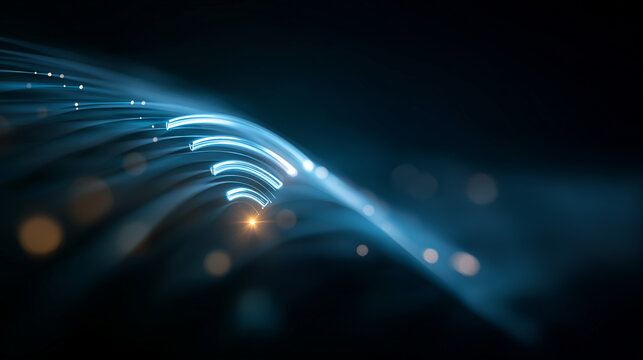 Abstract Blue Light Trails: Glowing blue light trails curve and sweep across a dark background, interspersed with soft bokeh circles, creating a sense of motion and digital energy.