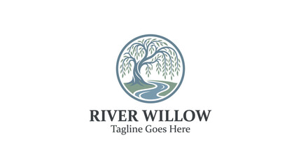 River Willow logo design featuring a weeping willow tree by a flowing river in a circular frame. © GreenDynamic