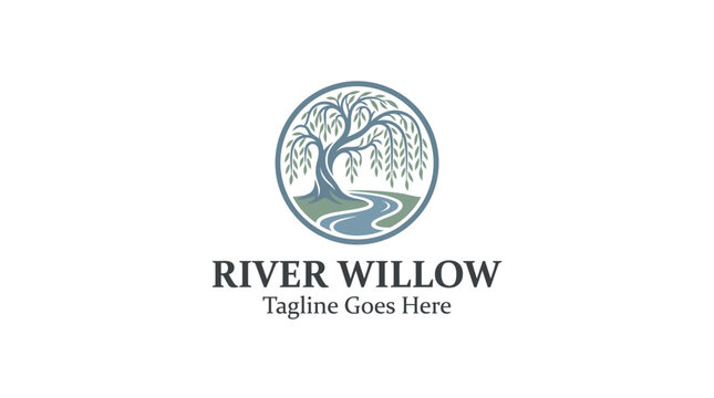 River Willow logo design featuring a weeping willow tree by a flowing river in a circular frame.
