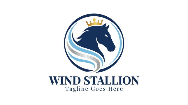 Royal stallion horse head with crown and waves logo.