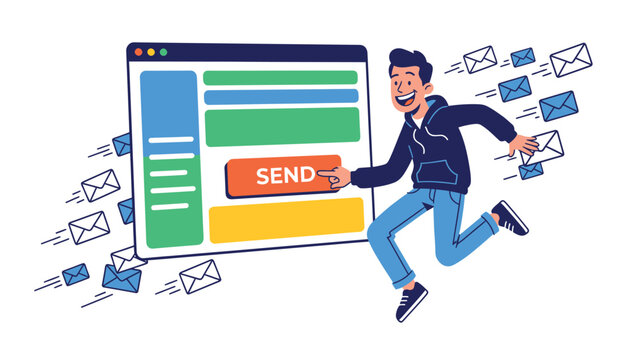 Man joyfully sending emails from a computer screen with many envelopes flying around.
