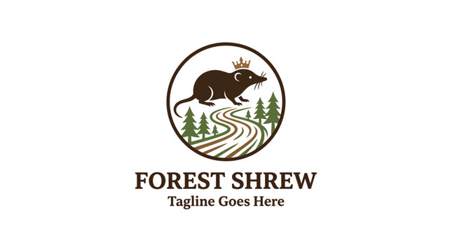 Rustic shrew animal on forest path circular logo.