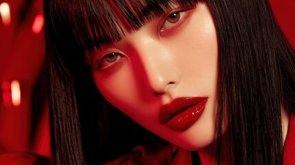 Fototapeta premium Glamorous Woman with Bold Red Lipstick and Dark Hair, Sultry Look Against Red Background