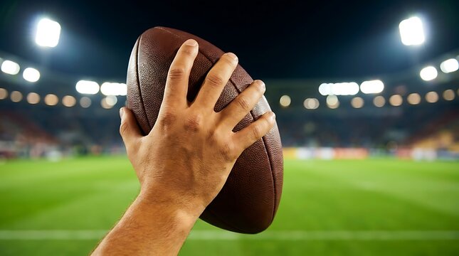 A hand holding a brown American football against the backdrop of a brightly lit stadium and a green field.