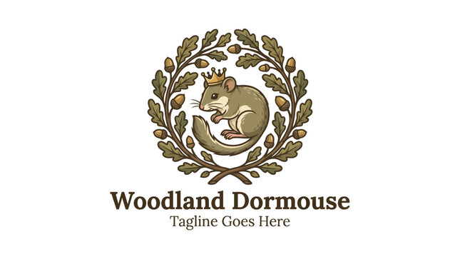 Woodland dormouse logo with crown and oak leaf wreath.
