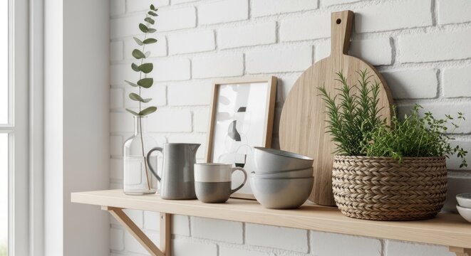 A wooden shelf with various kitchen items, including a cutting board, a vase, and a basket, against a white brick wall with a window and a plant.