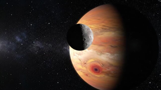 Exoplanet and Moon in Deep Space with Distant Star and Galaxy.