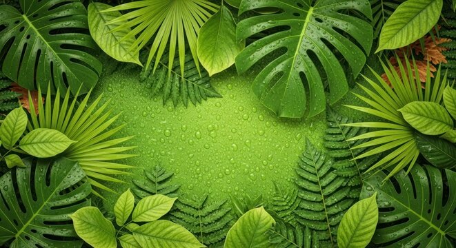 A vibrant green tropical leaf arrangement with water droplets on a green background, featuring various tropical plants and leaves.