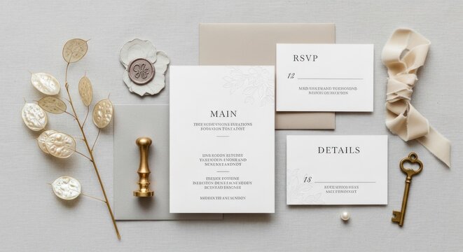 A wedding invitation with a minimalist design featuring a white background, elegant font, and a subtle floral pattern. The invitation includes a main .